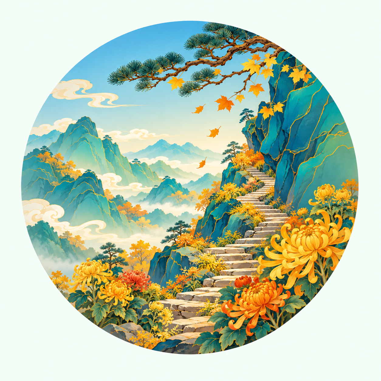 重阳登高赏菊国风插画