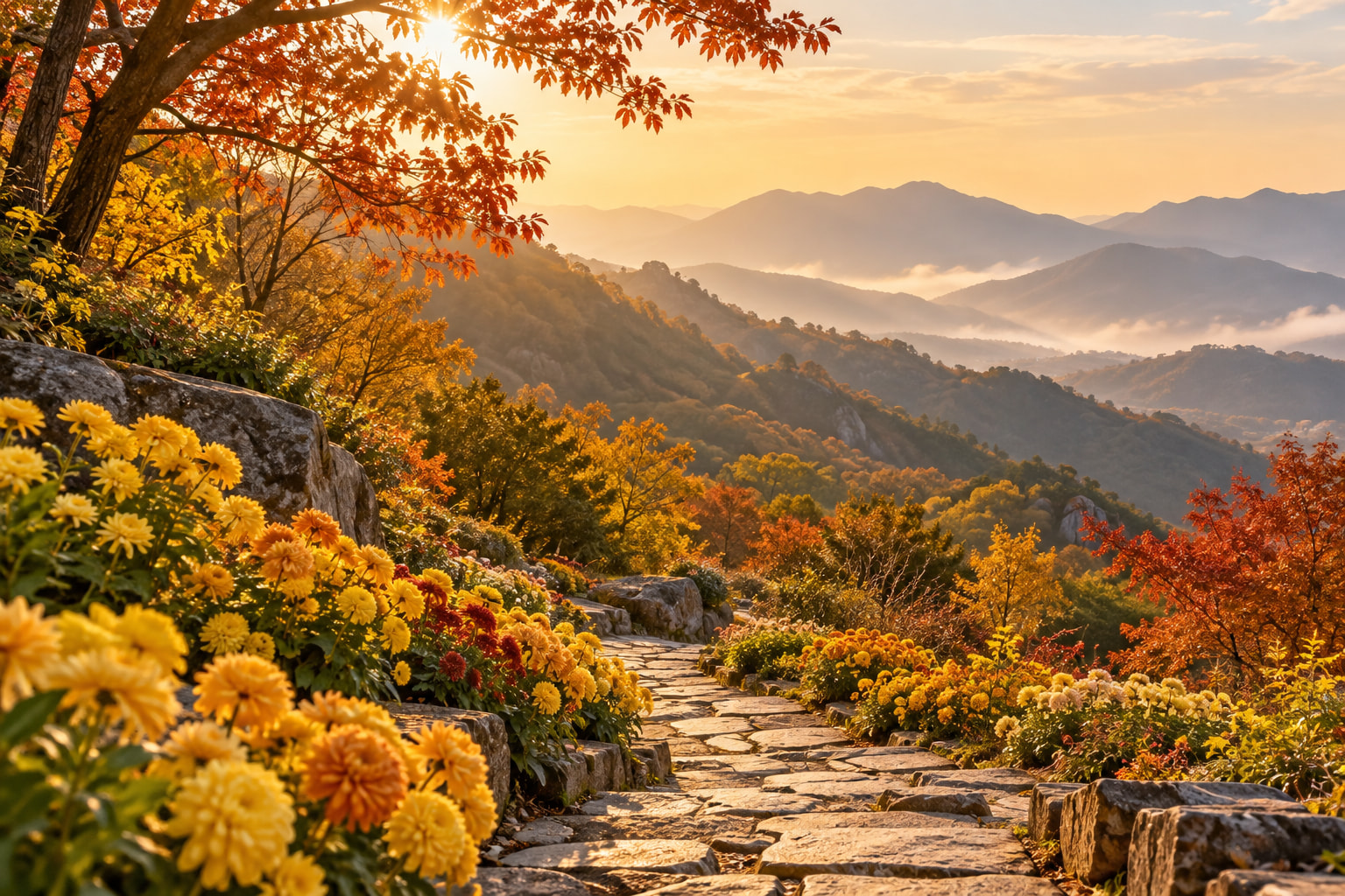 秋色山间的登高石阶与菊花